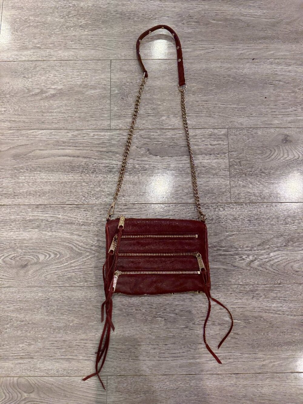 Rebecca Minkoff Mini 5 Zip Crossbody Bag Burgundy Leather Gold Chain